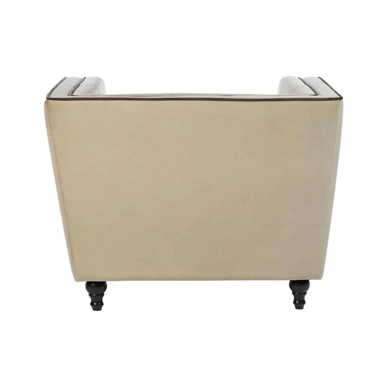 Beige armchair rear view with dark wood legs and piping detail