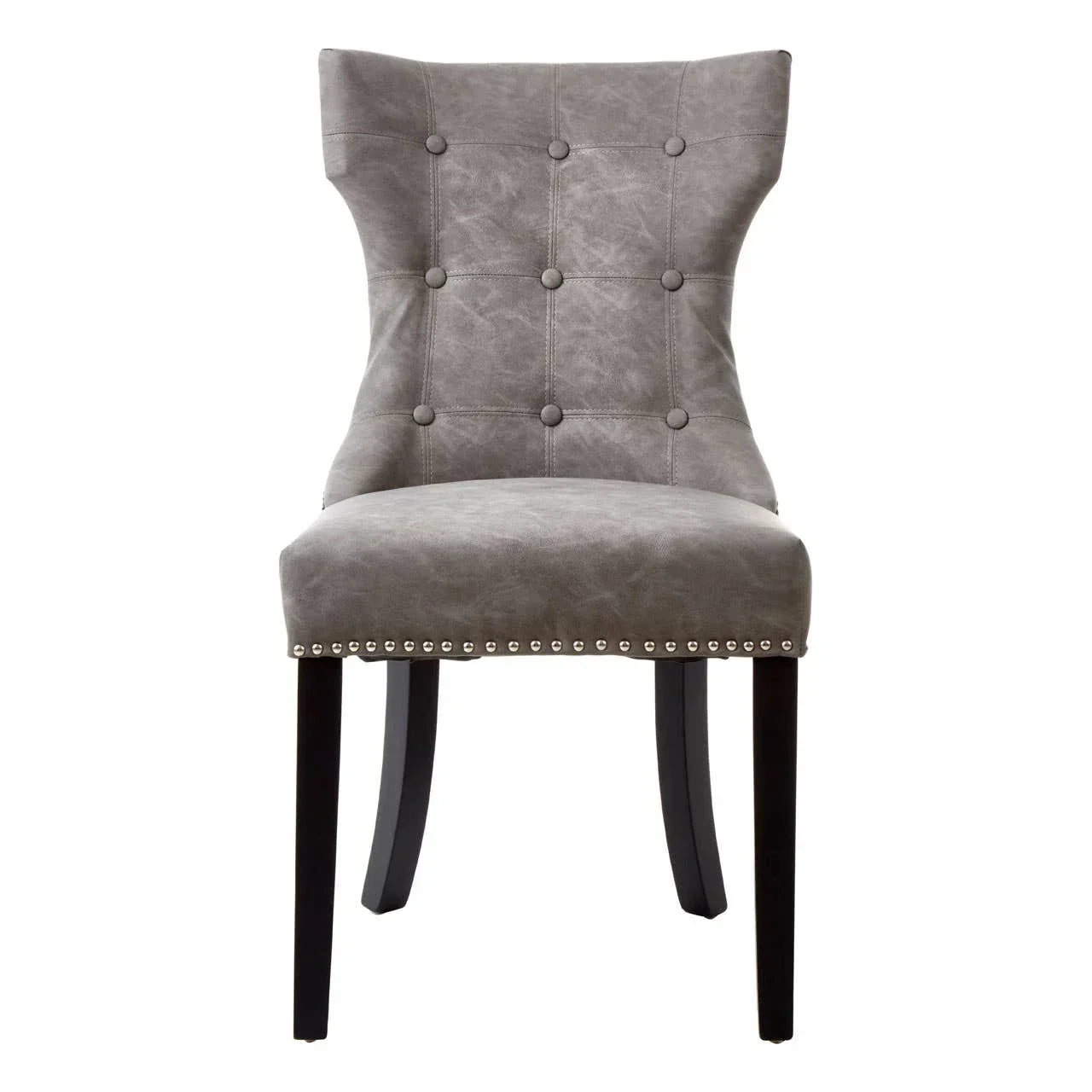 Grey velvet dining chair with button-tufted back and black wooden legs, front view