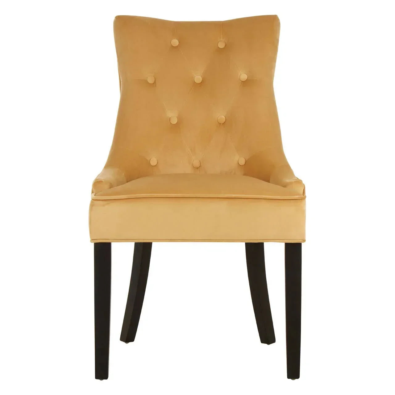 Mustard velvet dining chair with button-tufted backrest and dark wood legs front view