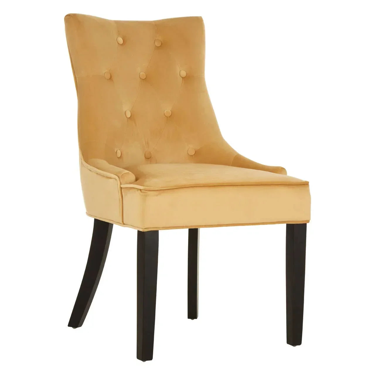 Mustard velvet dining chair with button back and dark wooden legs, angled side view