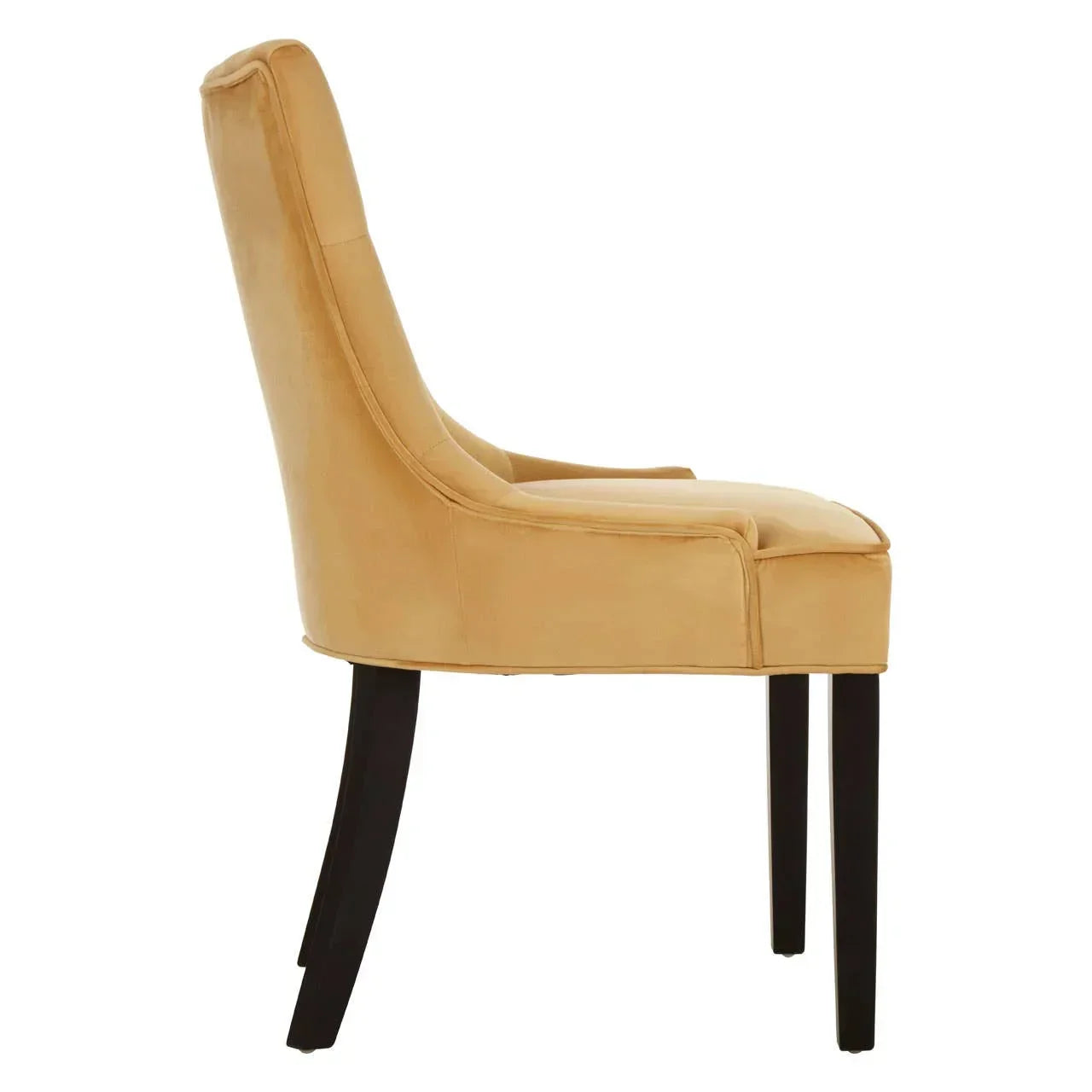 Side view of tan upholstered dining chair with black wooden legs