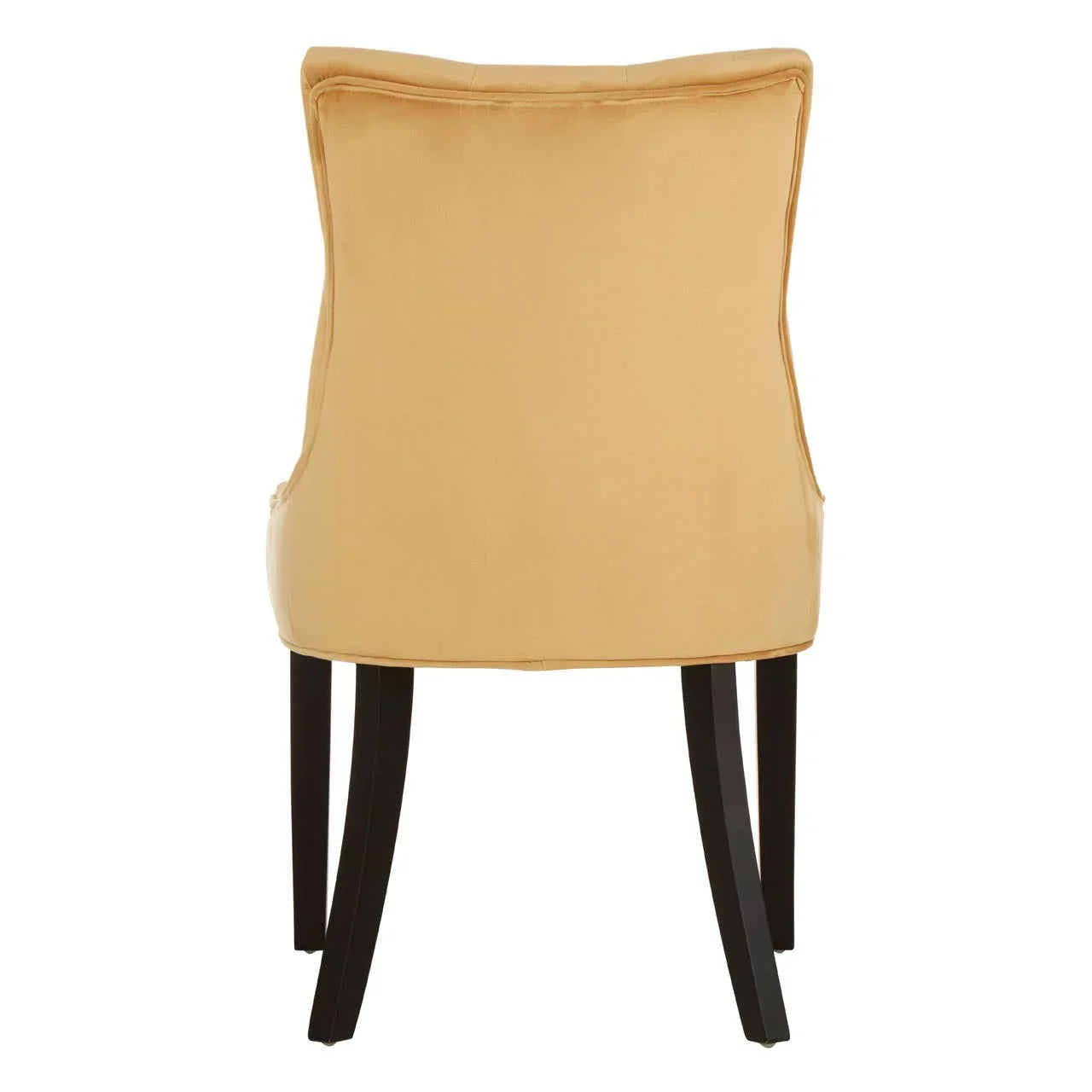 Yellow upholstered dining chair with dark wooden legs, rear view
