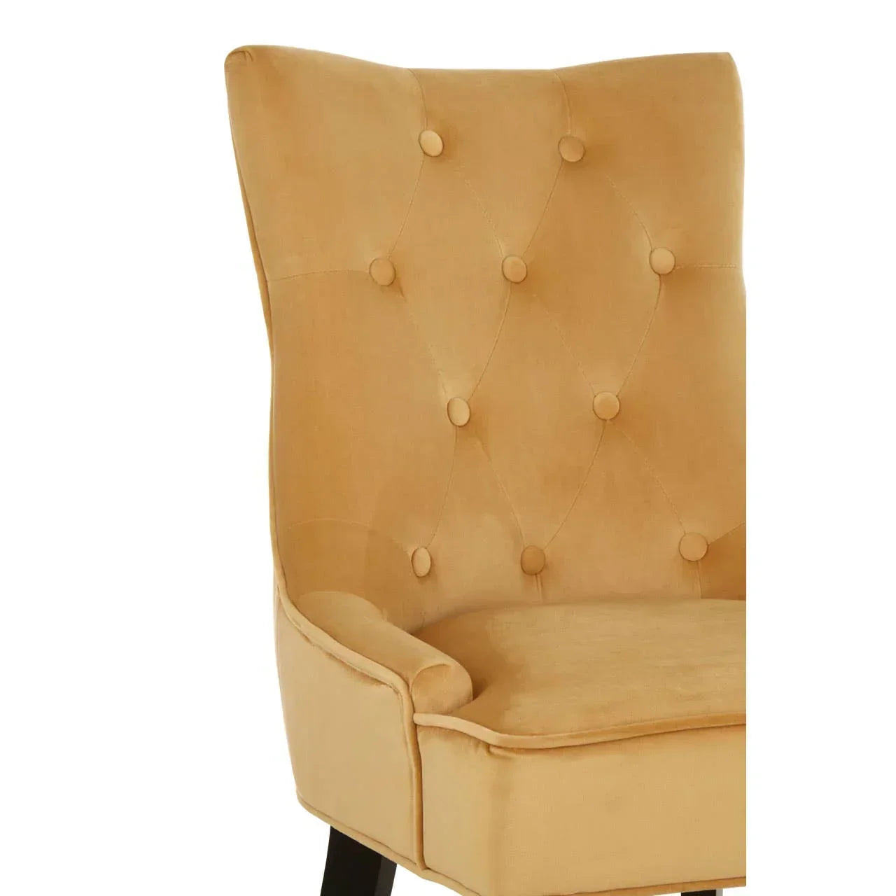 Mustard yellow velvet accent chair with button tufted backrest and black wooden legs