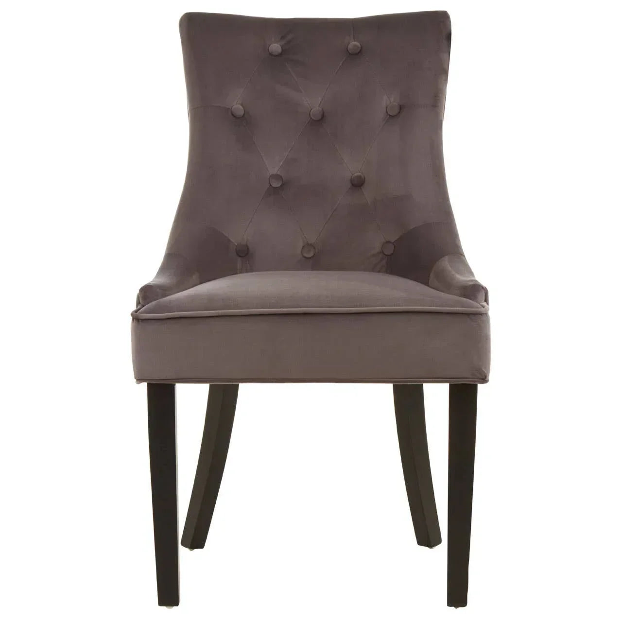 Grey velvet dining chair with button tufted back and dark wood legs, front view