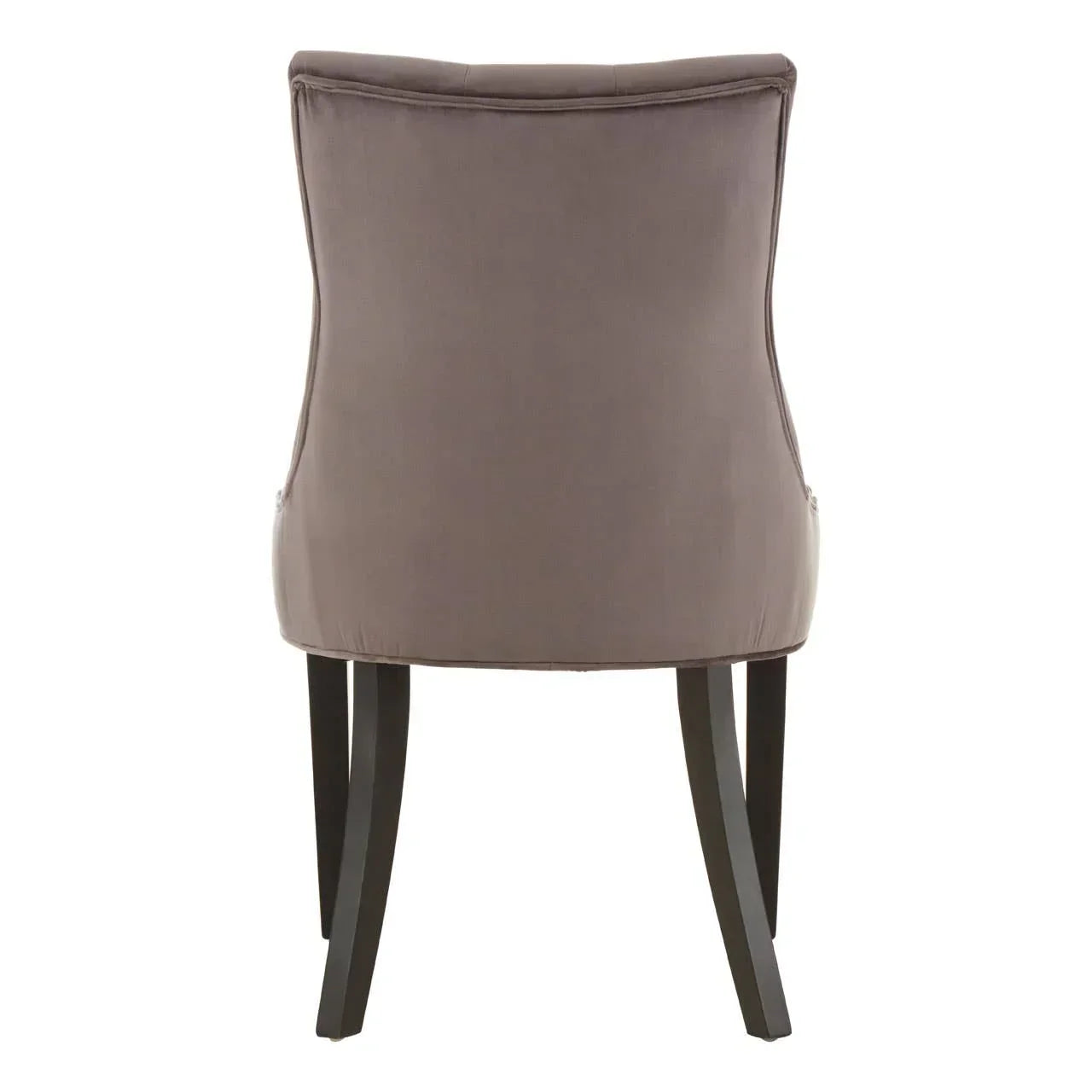 Back view of grey upholstered dining chair with dark wooden legs