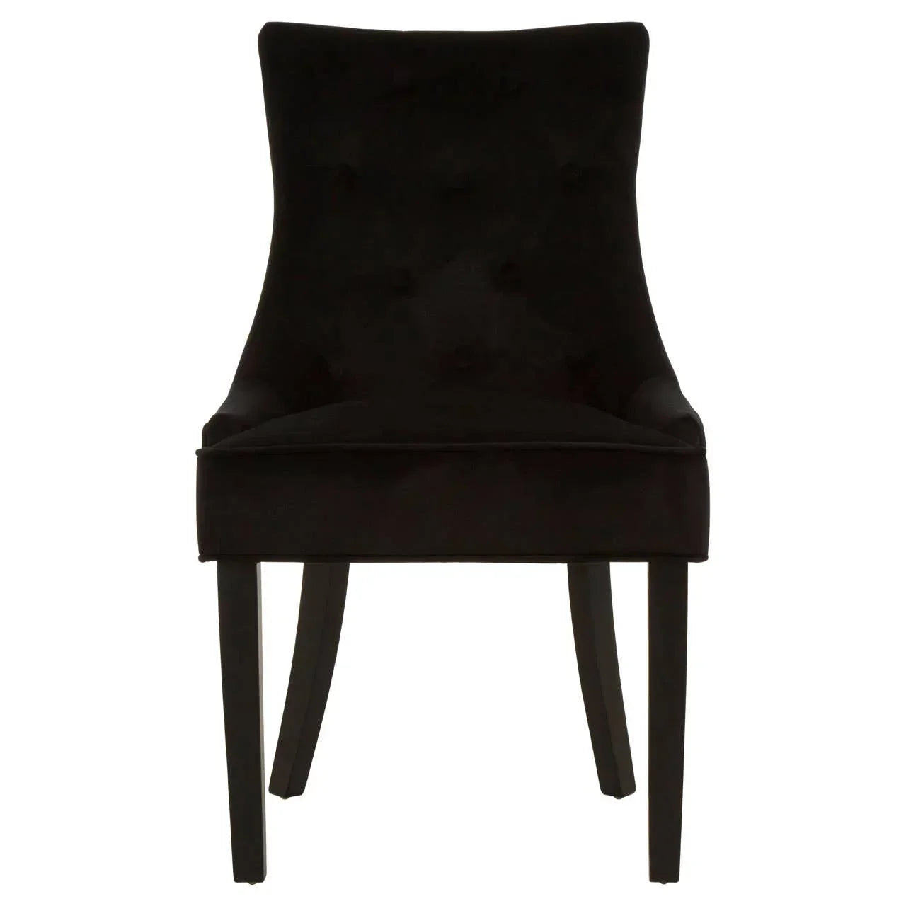 Black velvet dining chair with curved back and dark wooden legs, front view