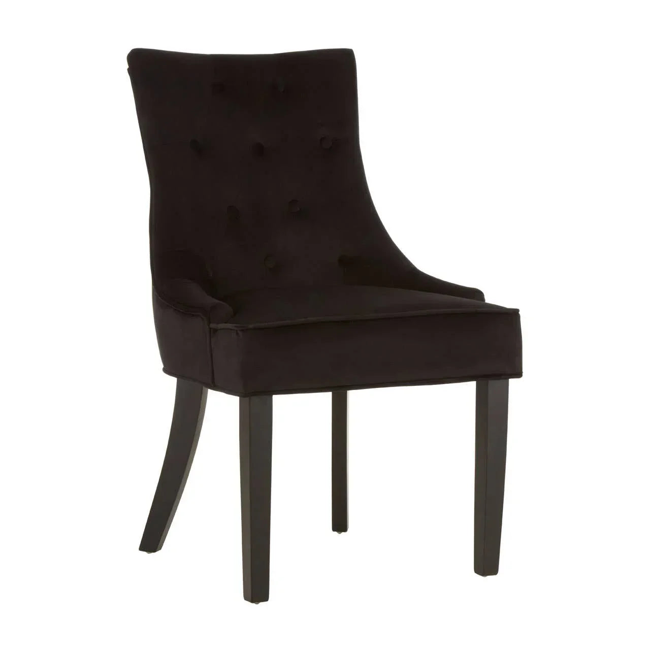 Black velvet dining chair with button-tufted backrest and wooden legs