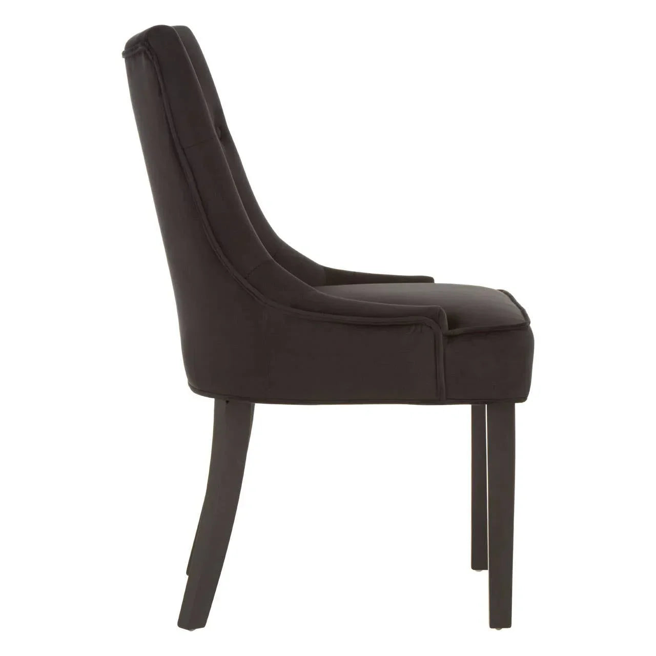 Side view of black upholstered dining chair with wooden legs