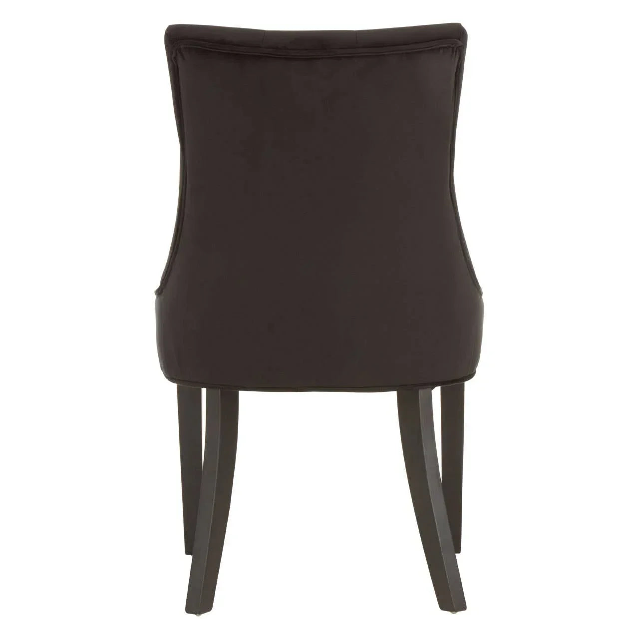 Back view of black upholstered dining chair with curved backrest and wooden legs