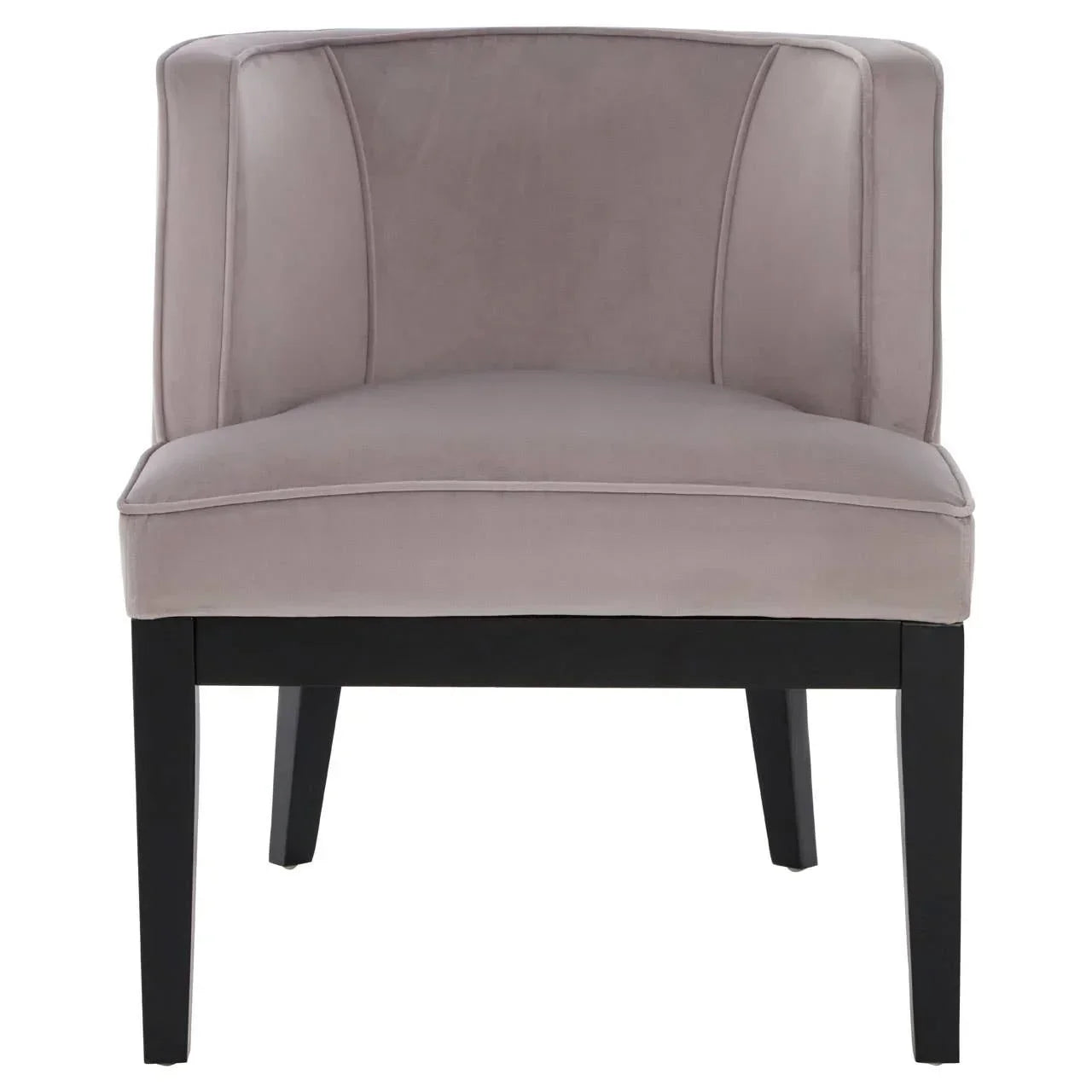 Grey velvet accent chair with black wooden legs, front view