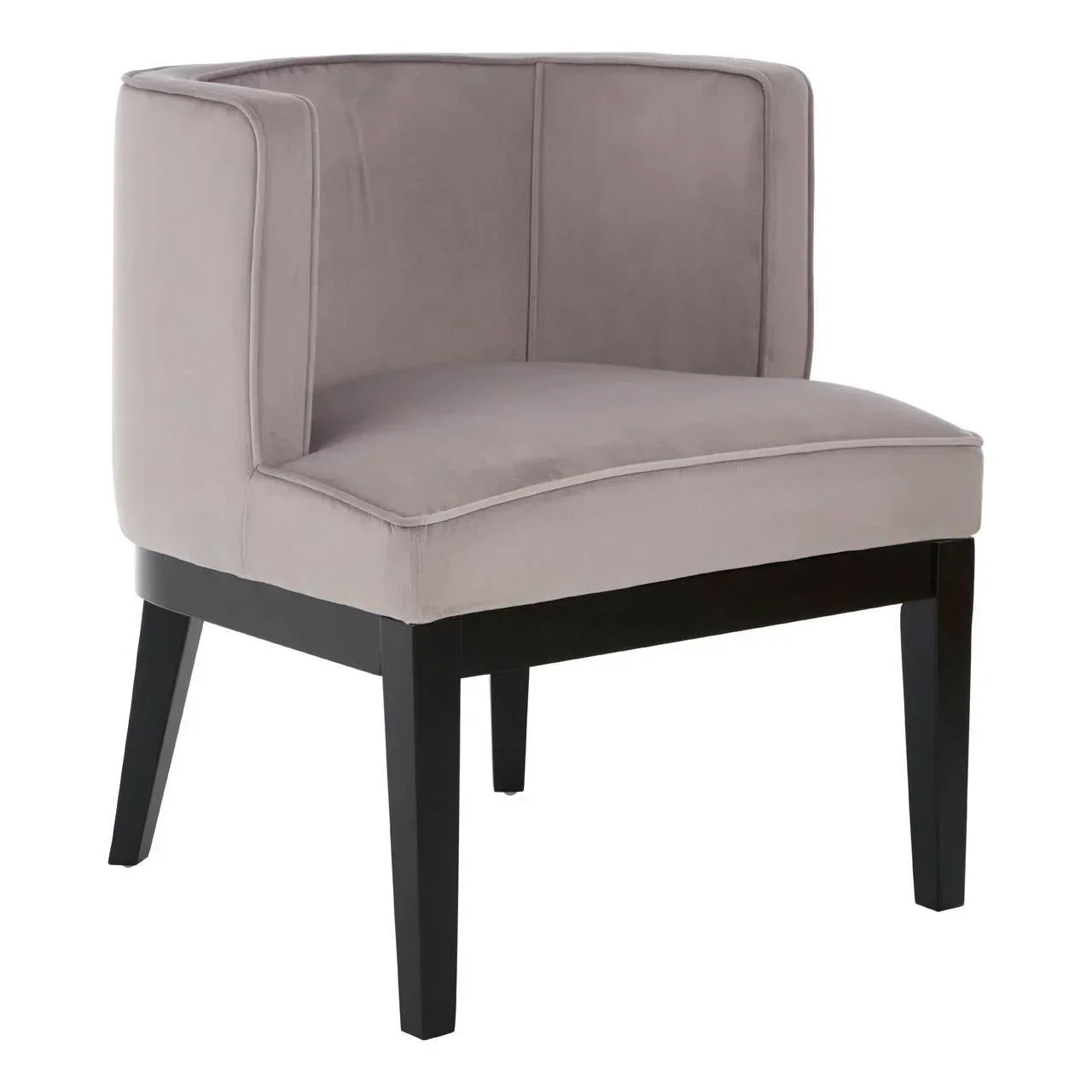 Grey velvet accent chair with curved backrest and black wooden legs