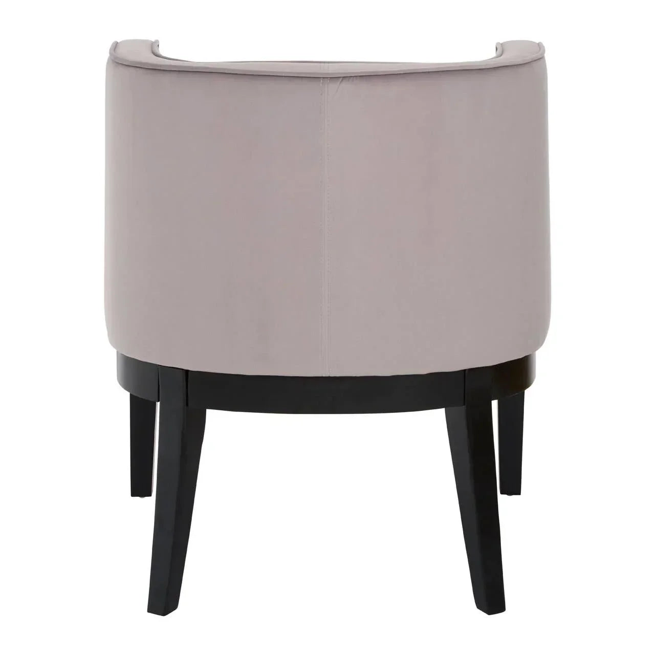Back view of taupe accent chair with curved upholstered design and dark wooden legs