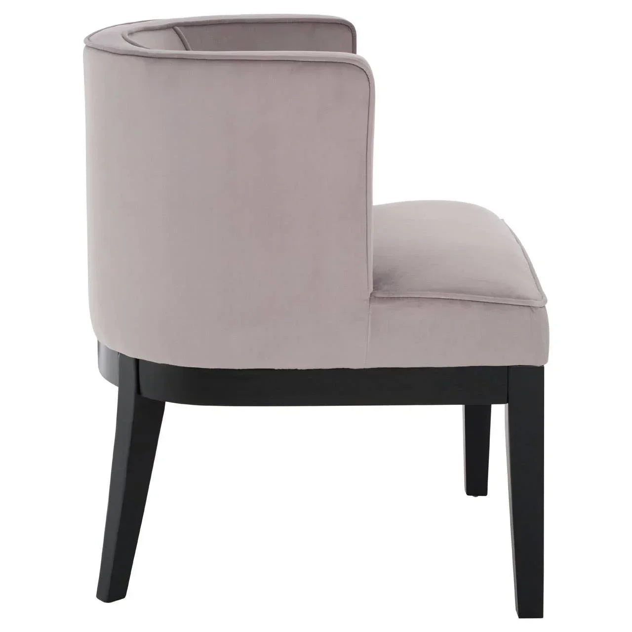 Side view of grey velvet accent chair with black wooden legs