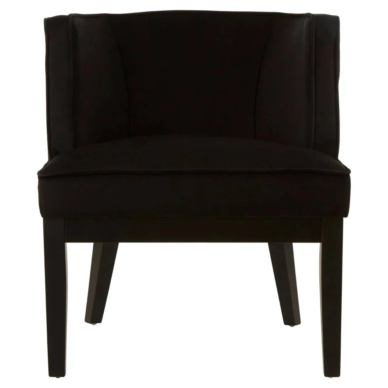 Black velvet accent chair with angled legs and curved backrest, front view