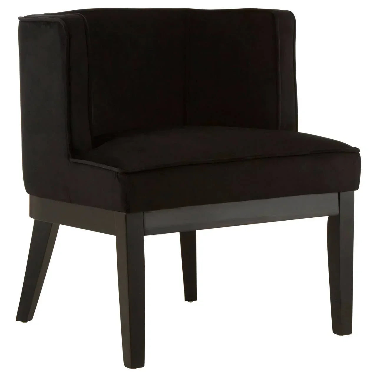 Black velvet accent chair with high backrest and wooden legs, angled front view