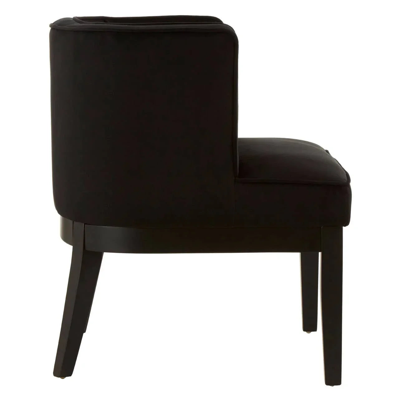 Side view black upholstered accent chair with cushioned seat and dark wooden legs