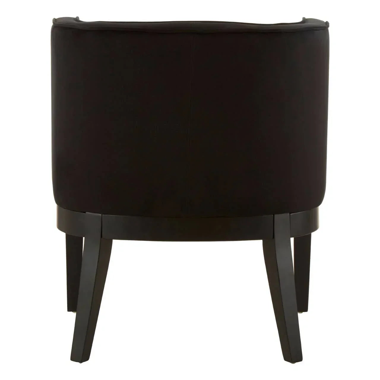 Black fabric accent chair rear view with curved backrest and angled wooden legs