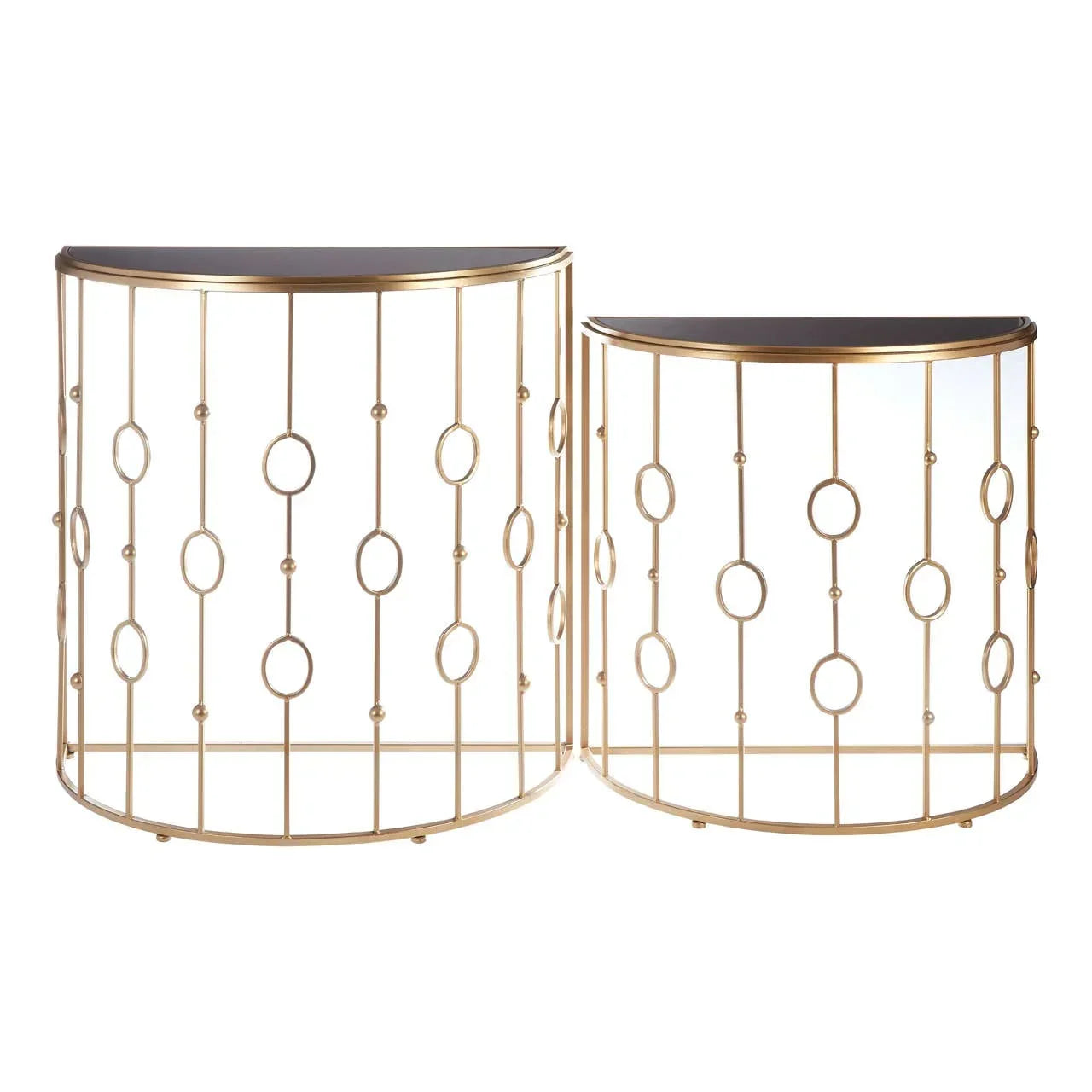 Set of two gold metal console tables with black tops and geometric circle frames