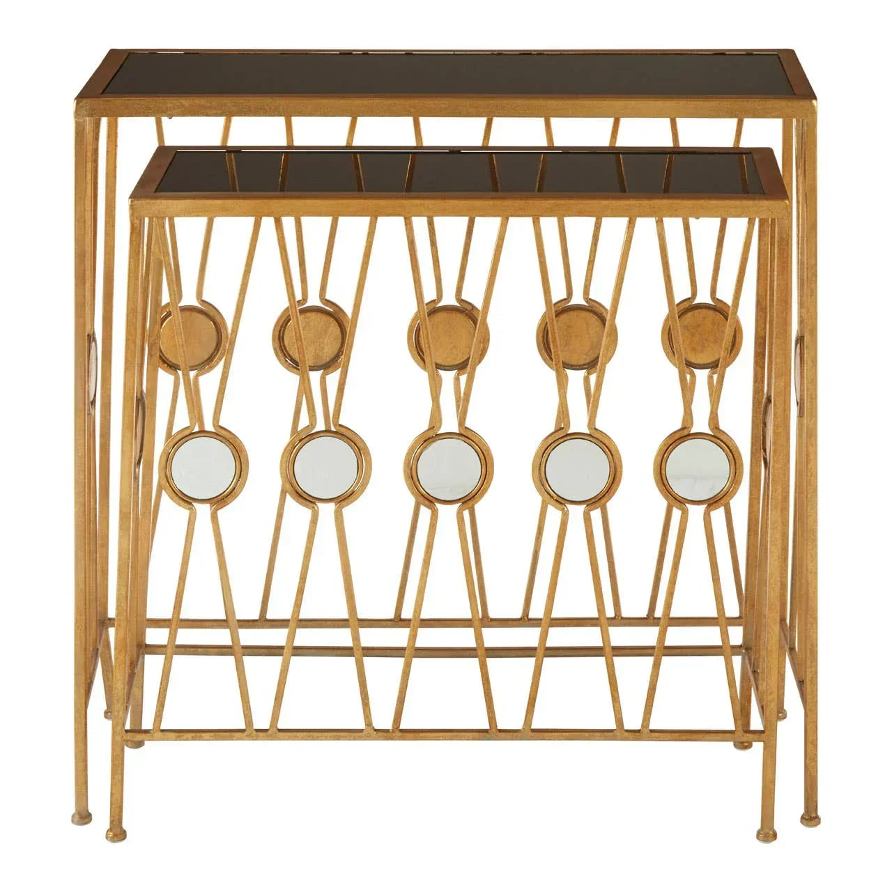 Gold metal nesting console tables with mirrored geometric design and black glass tops