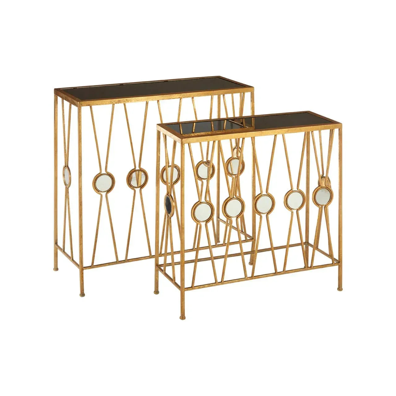 Set of two gold metal console tables with black glass tops and circular mirror accents