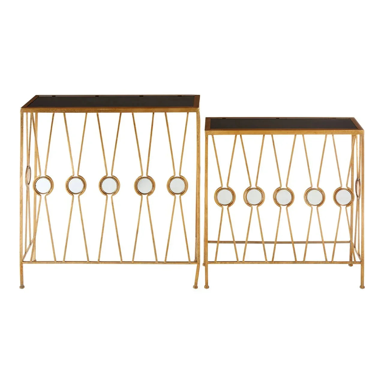 Gold metal console tables with mirrored circles and black tops, geometric base design