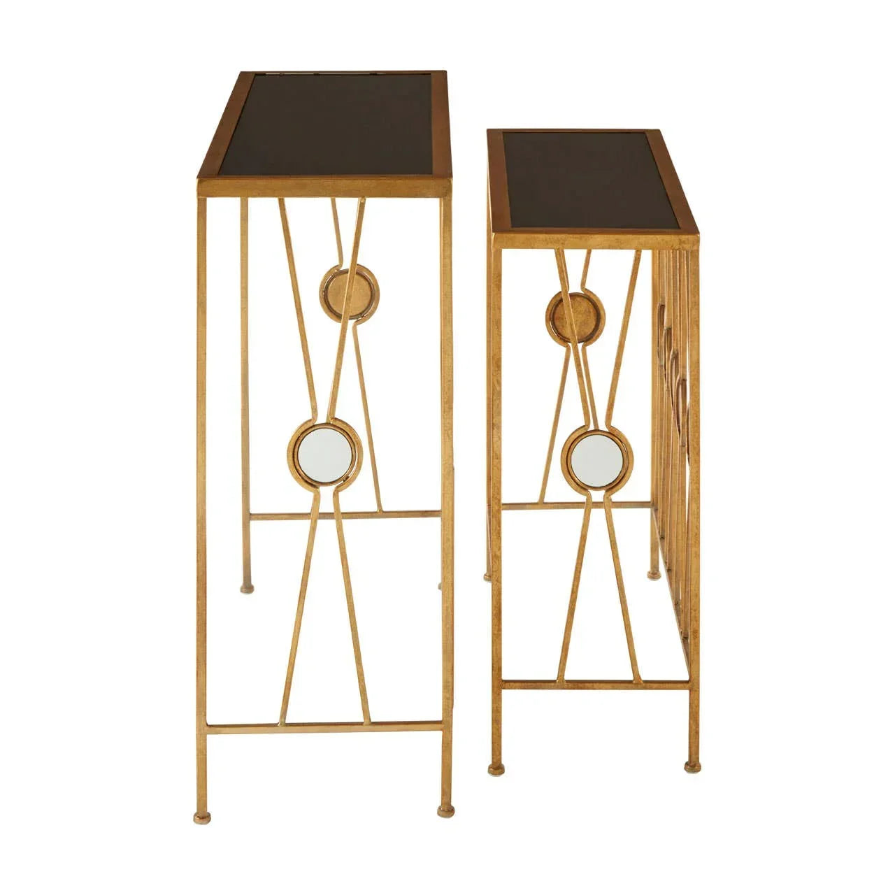 Set of two gold metal side tables with black tops and geometric circular accents