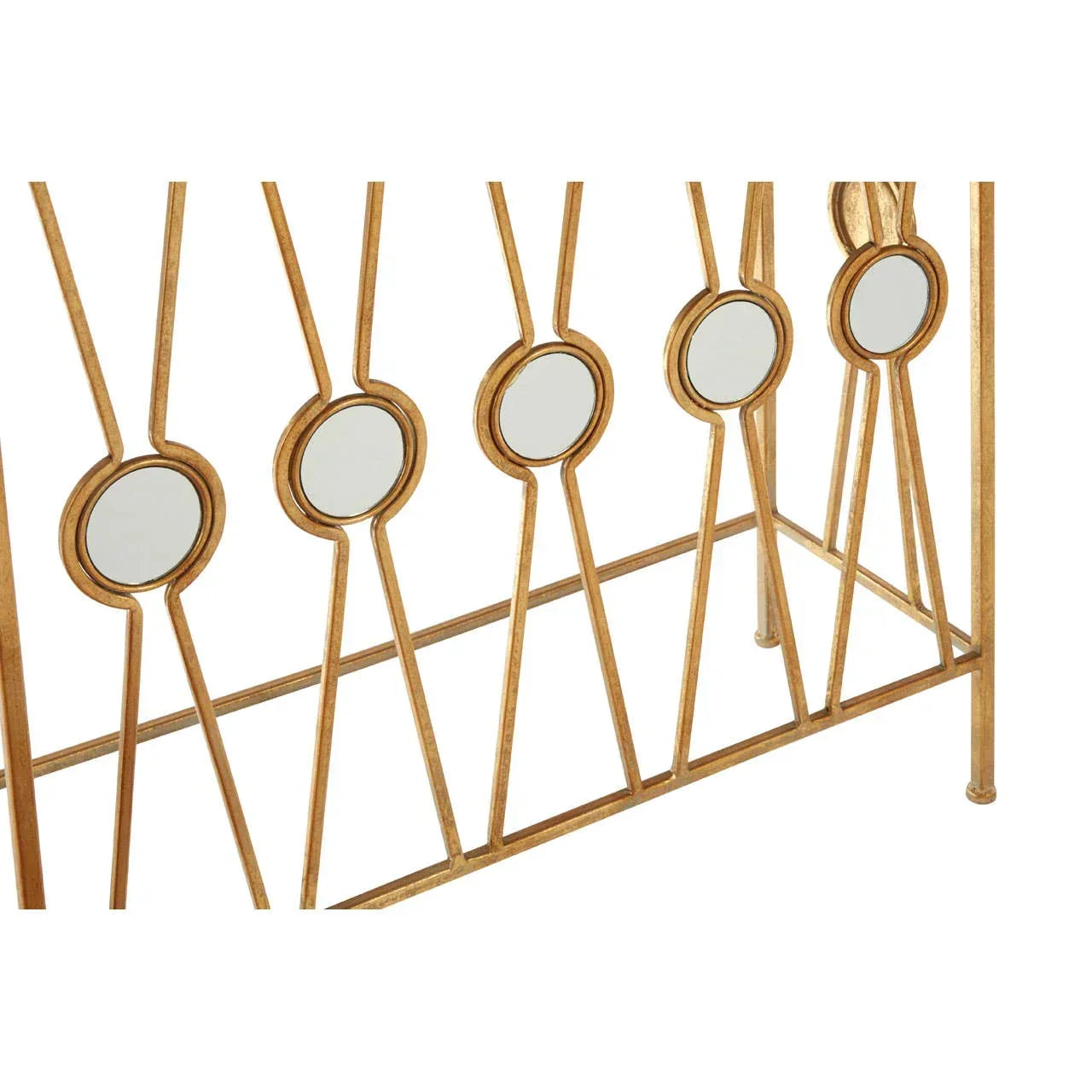 Gold metal console table frame with round mirrored accents and geometric pattern