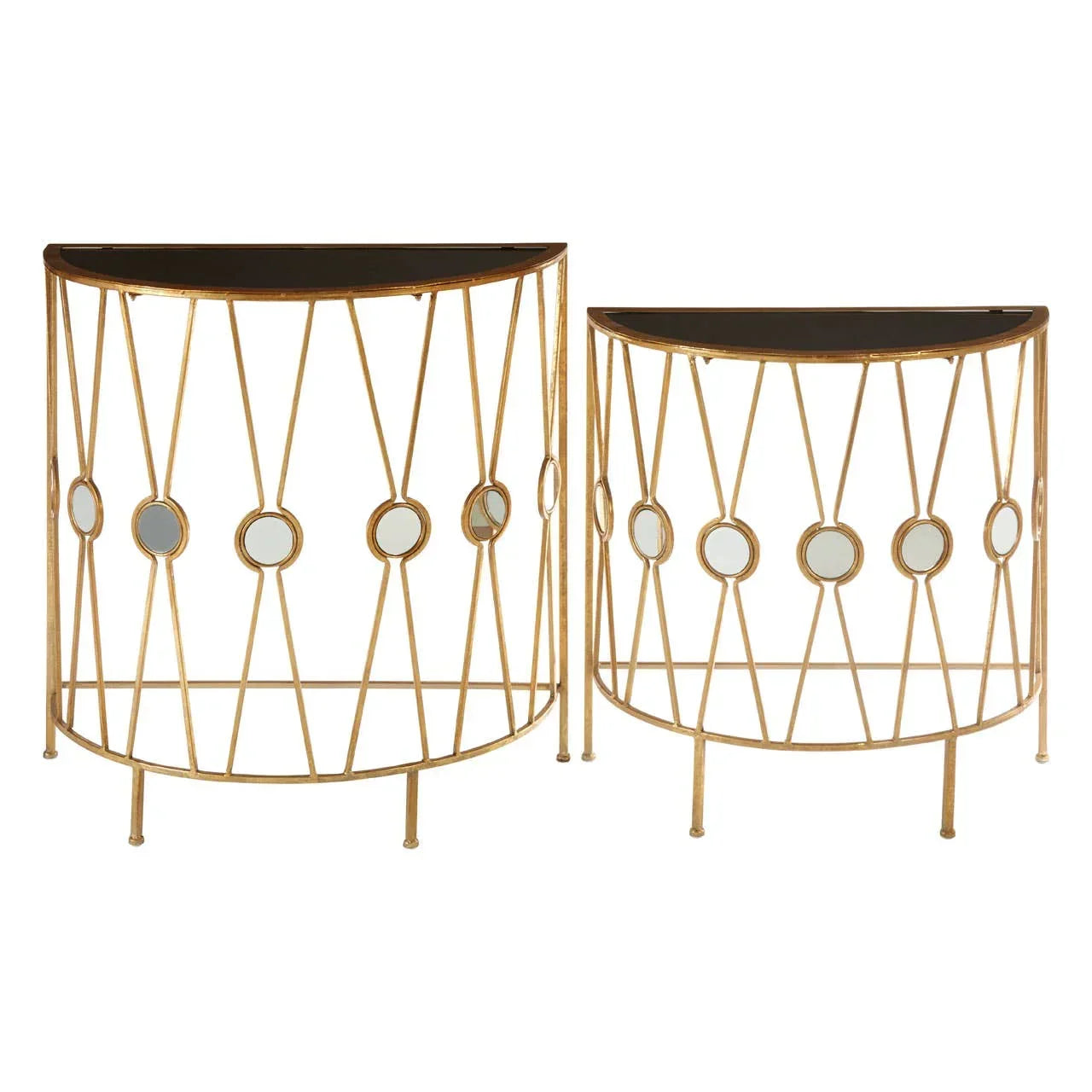 Set of two gold metal console tables with black tops and geometric circle accents