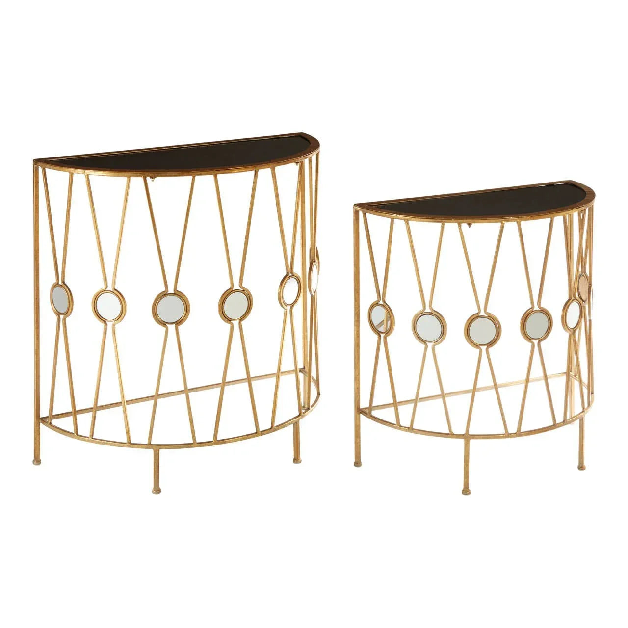 Gold metal console tables with geometric pattern and black glass tops, set of two, side view