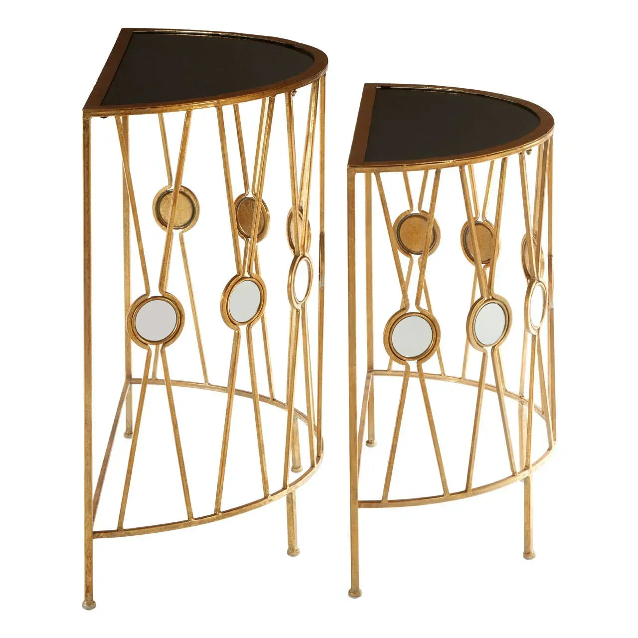 Pair of gold metal side tables with black glass tops and geometric mirrored accents