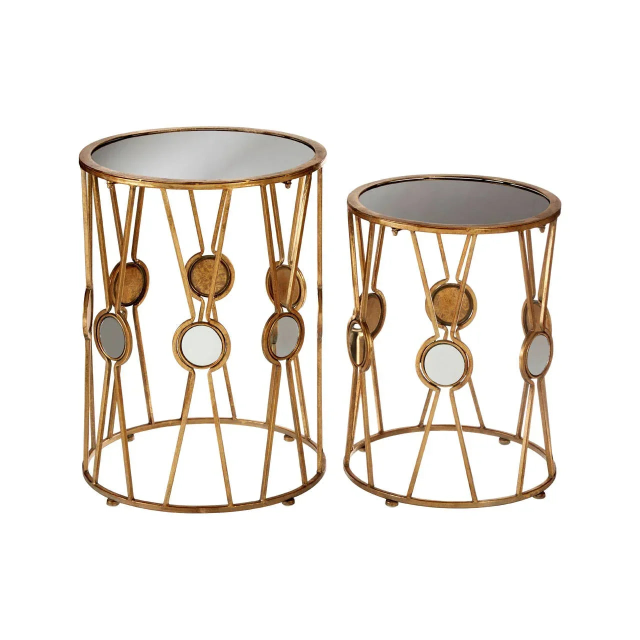 Set of two round gold metal side tables with mirrored tops and geometric frame design