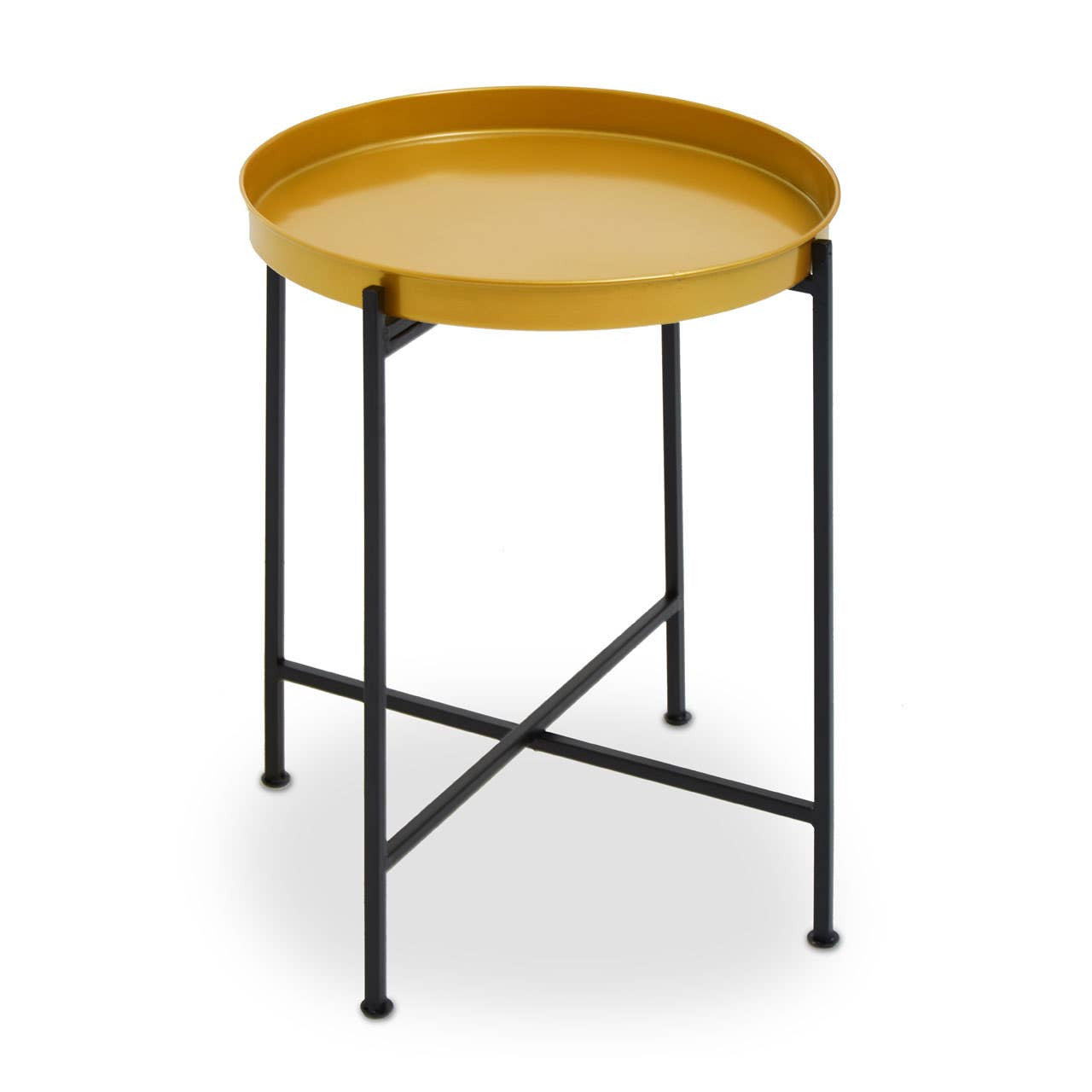 Small side table featuring a round brass-colored tray top and a black metal frame with four legs and a crossbar for stability. The design is modern and minimalistic, suitable for various home decor styles