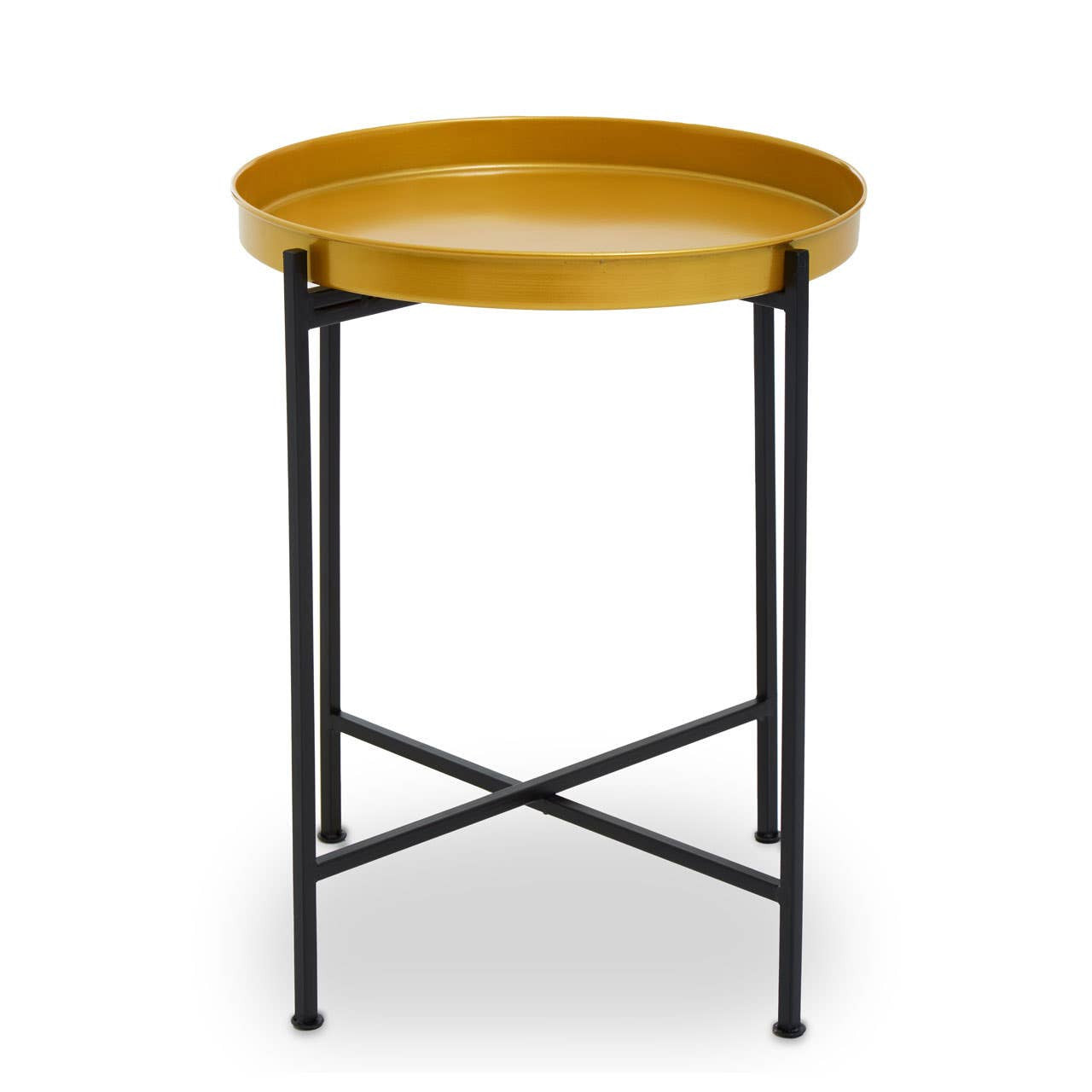 Small side table featuring a round brass top with a smooth finish, supported by a sleek black metal frame with crossbar detailing for stability. The design is modern and minimalist, suitable for various home decor styles