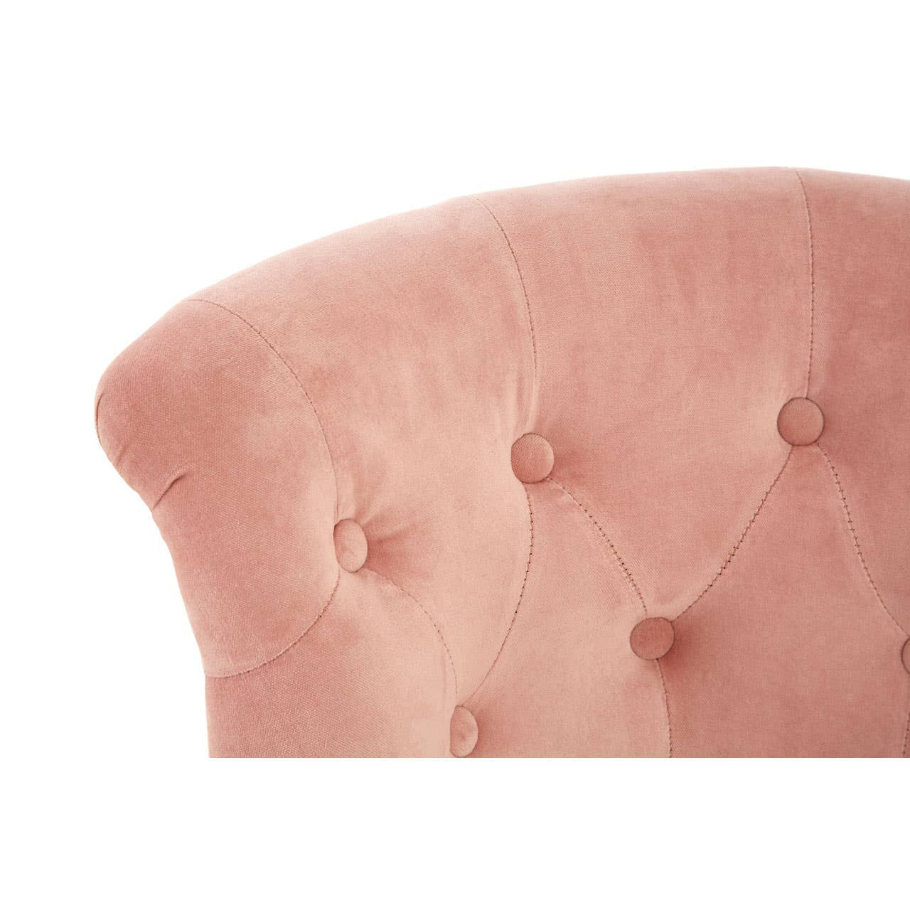 Soft pink velvet upholstery with a curved backrest featuring button tufting, designed for a kids' chair