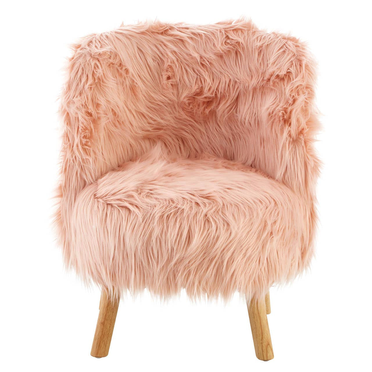 A cozy kids' chair covered in soft pink faux fur, featuring a rounded back and seat, supported by light wooden legs