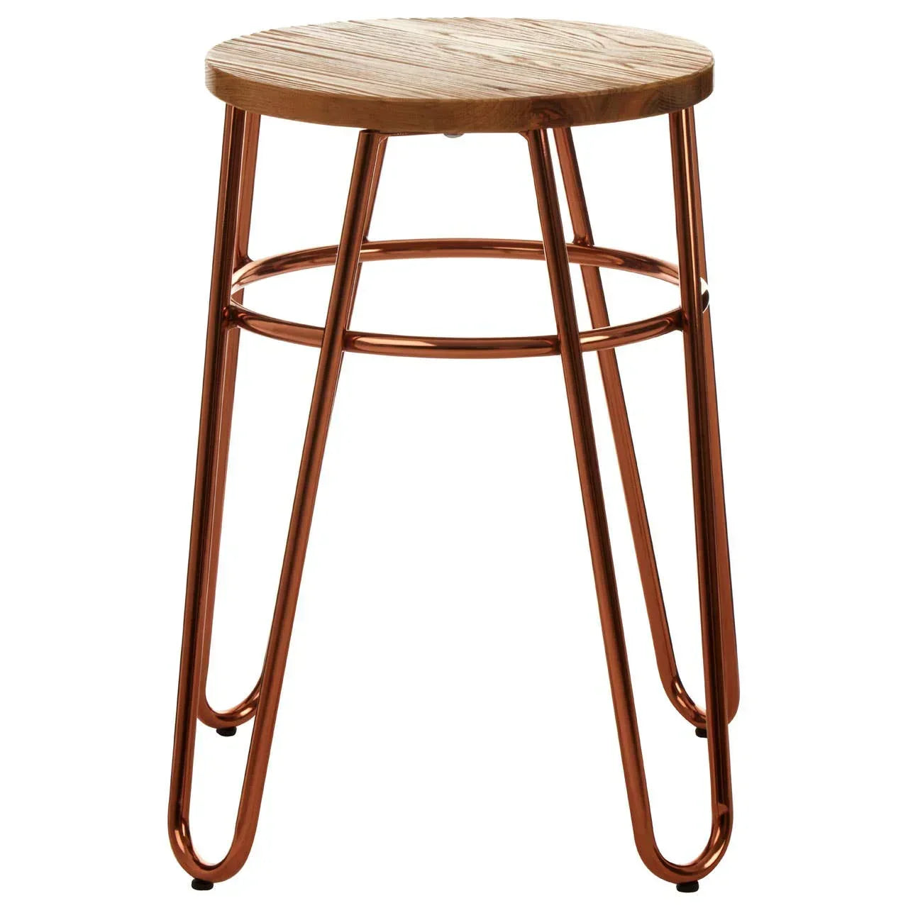 Round wood bar stool with copper metal legs and visible grain detail