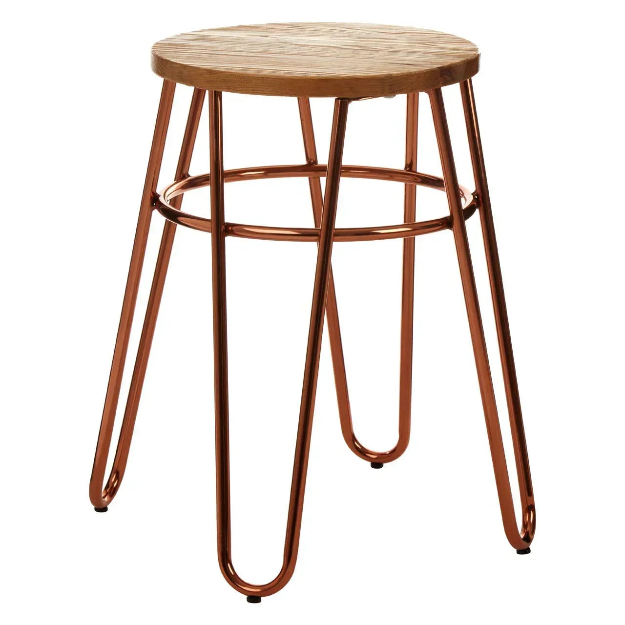 Round wooden bar stool with copper metal legs and footrest, modern industrial style