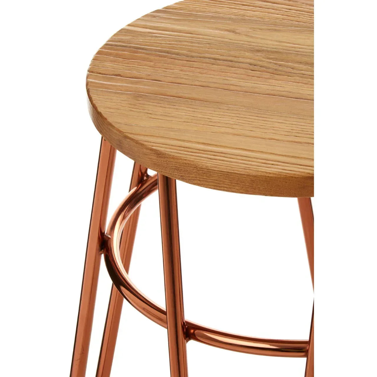 Round wooden stool seat with copper metal legs and footrest, close-up view