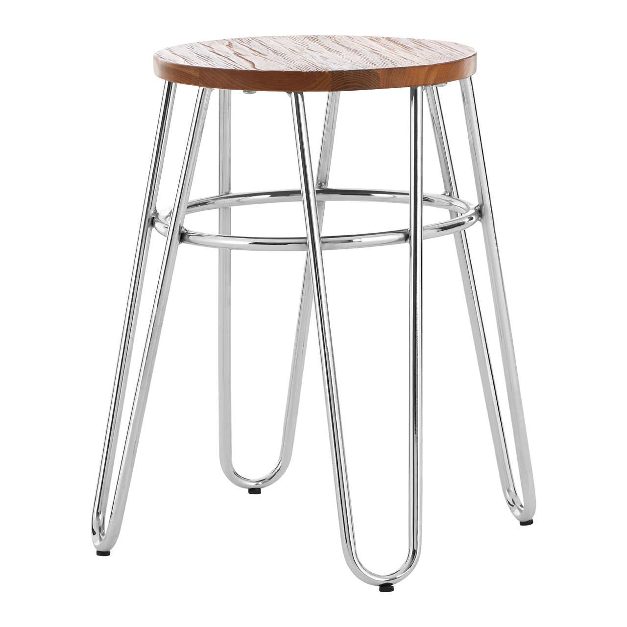 A stool featuring a round wooden top and sleek chrome hairpin legs, designed for a modern aesthetic. The wood top has a natural finish, while the legs are thin and minimalist, providing a stylish and functional seating option