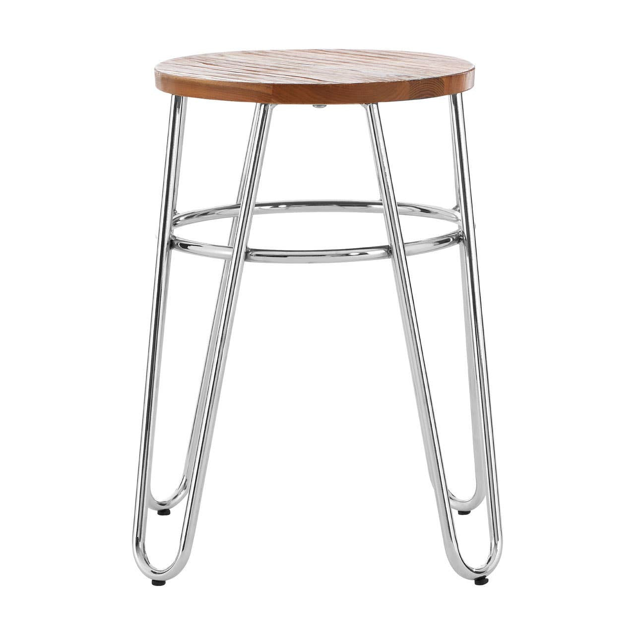 A stool featuring a round wooden top and sleek metal hairpin legs, showcasing a modern design with a natural wood finish and a shiny silver base. The legs are slender and angled, providing a minimalist aesthetic suitable for various home decor styles