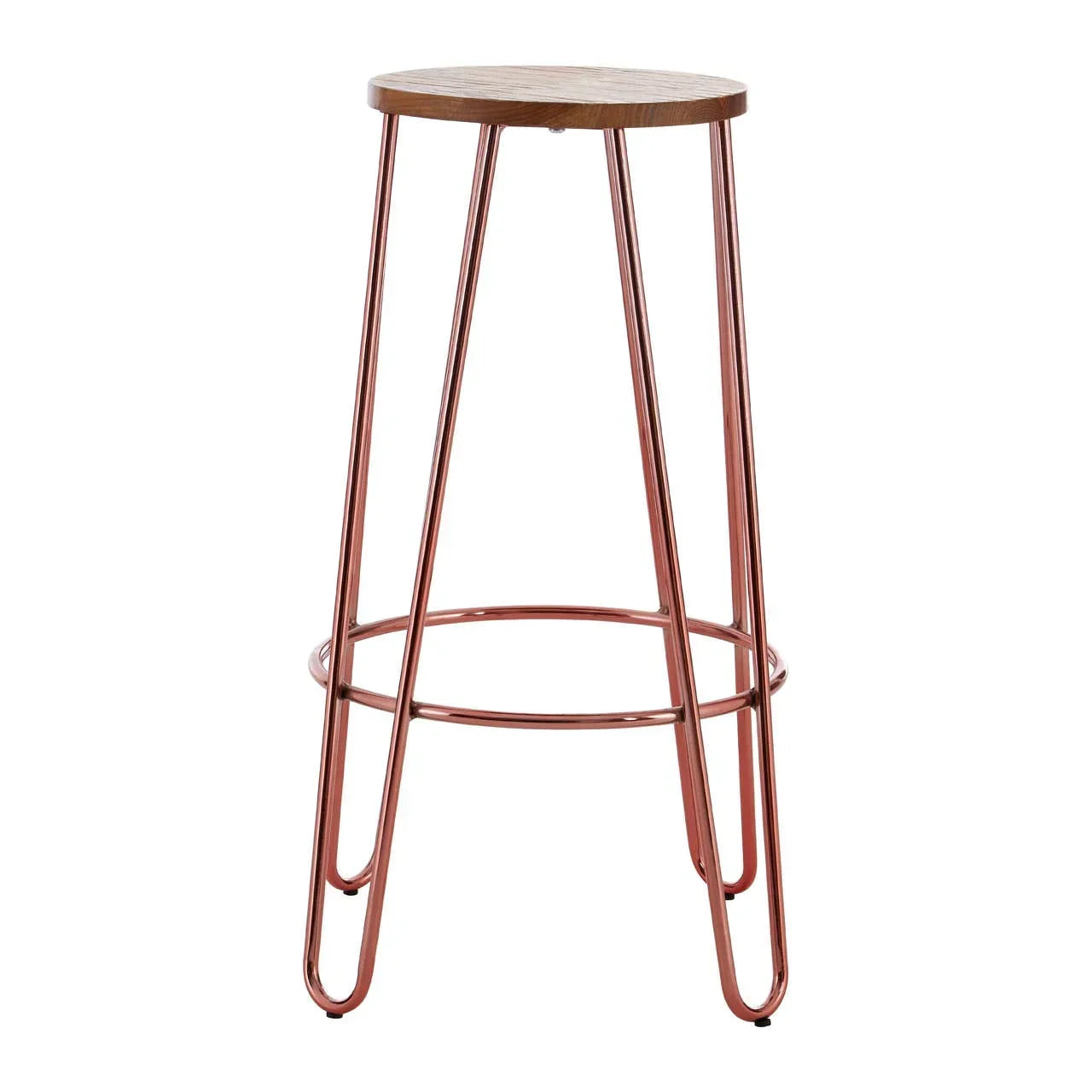 Bar stool with round wooden seat and copper metal frame, angled front view