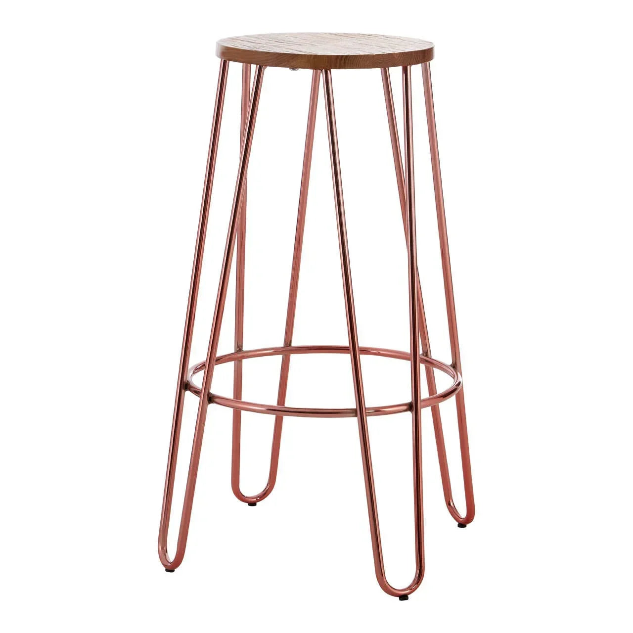 Bar stool with wooden seat and copper metal legs on white background