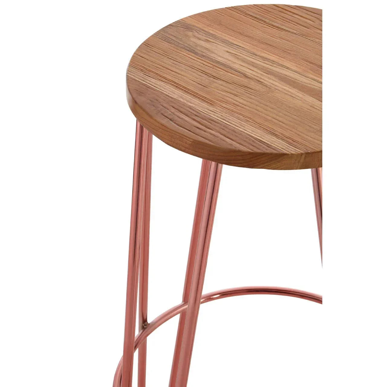 Round wooden stool with metal legs in copper finish, partial close-up view