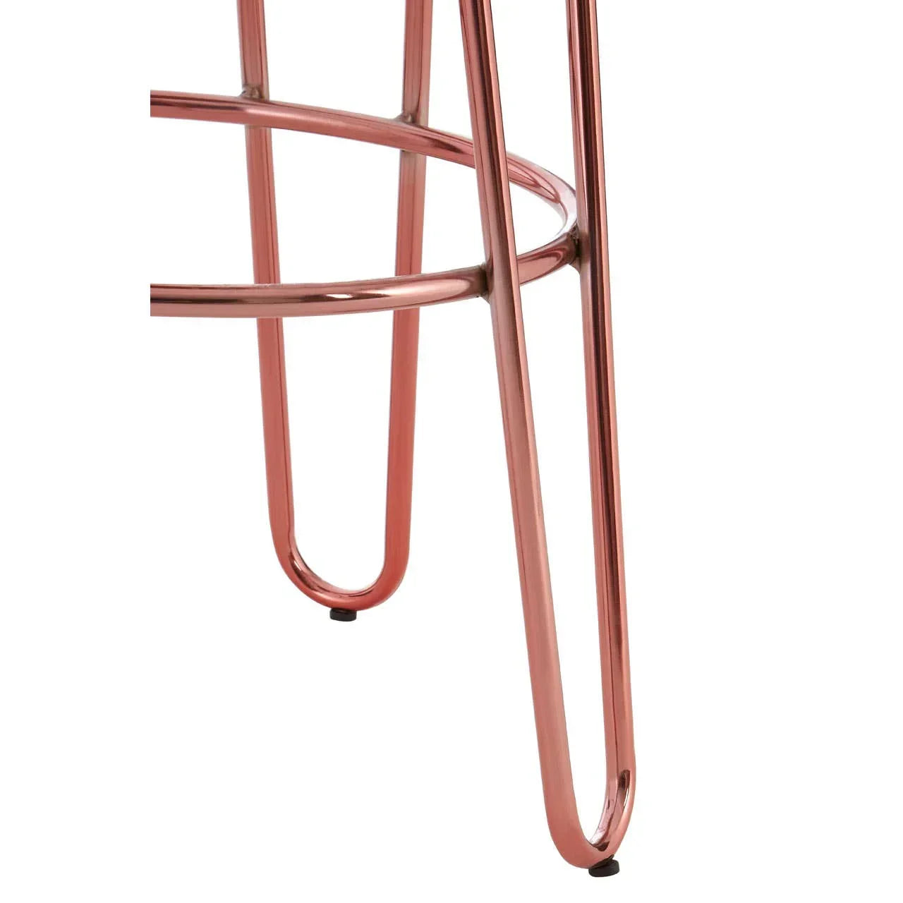 Rose gold metal bar stool leg with rounded footrest and floor protectors