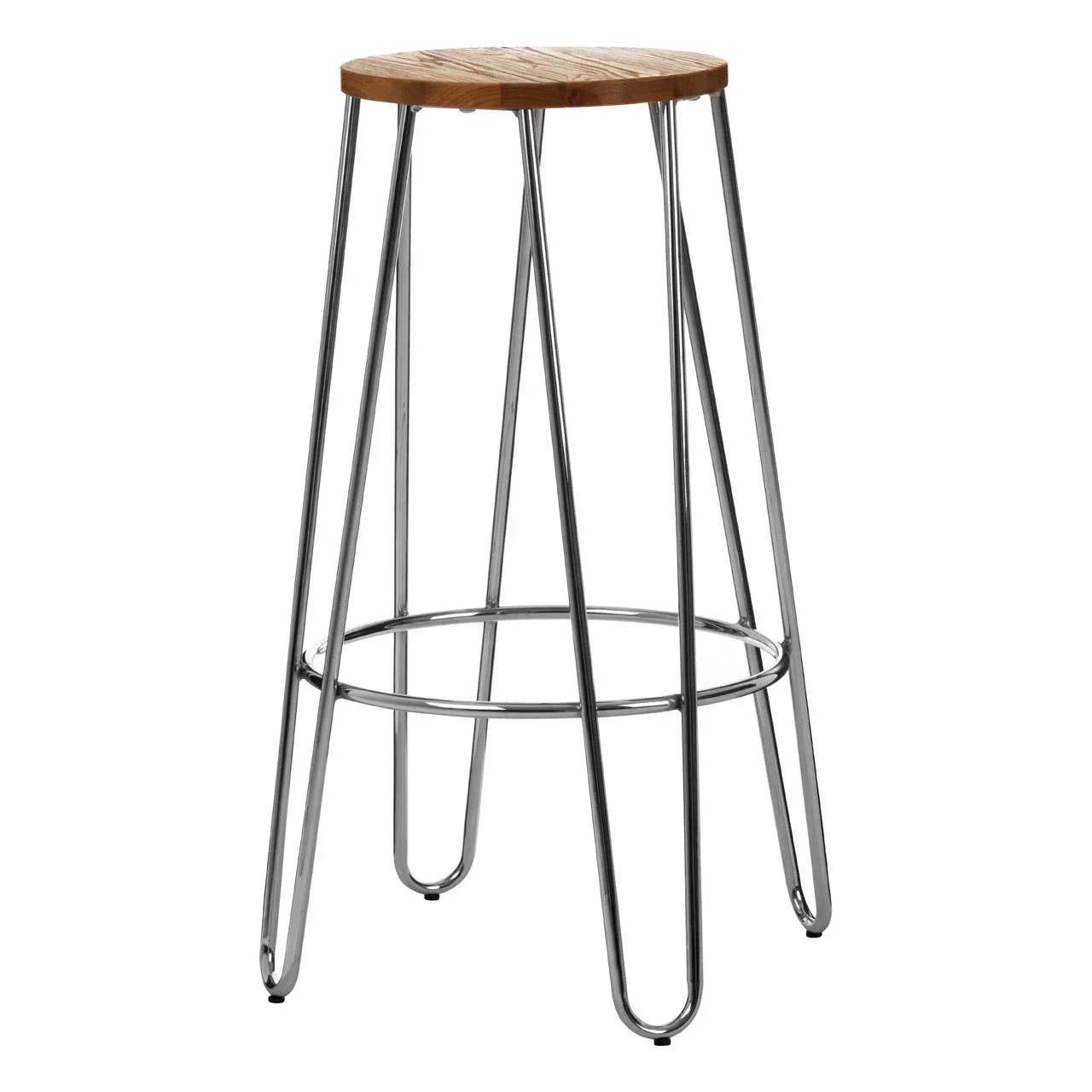Bar stool with round wooden seat and chrome metal legs on white background