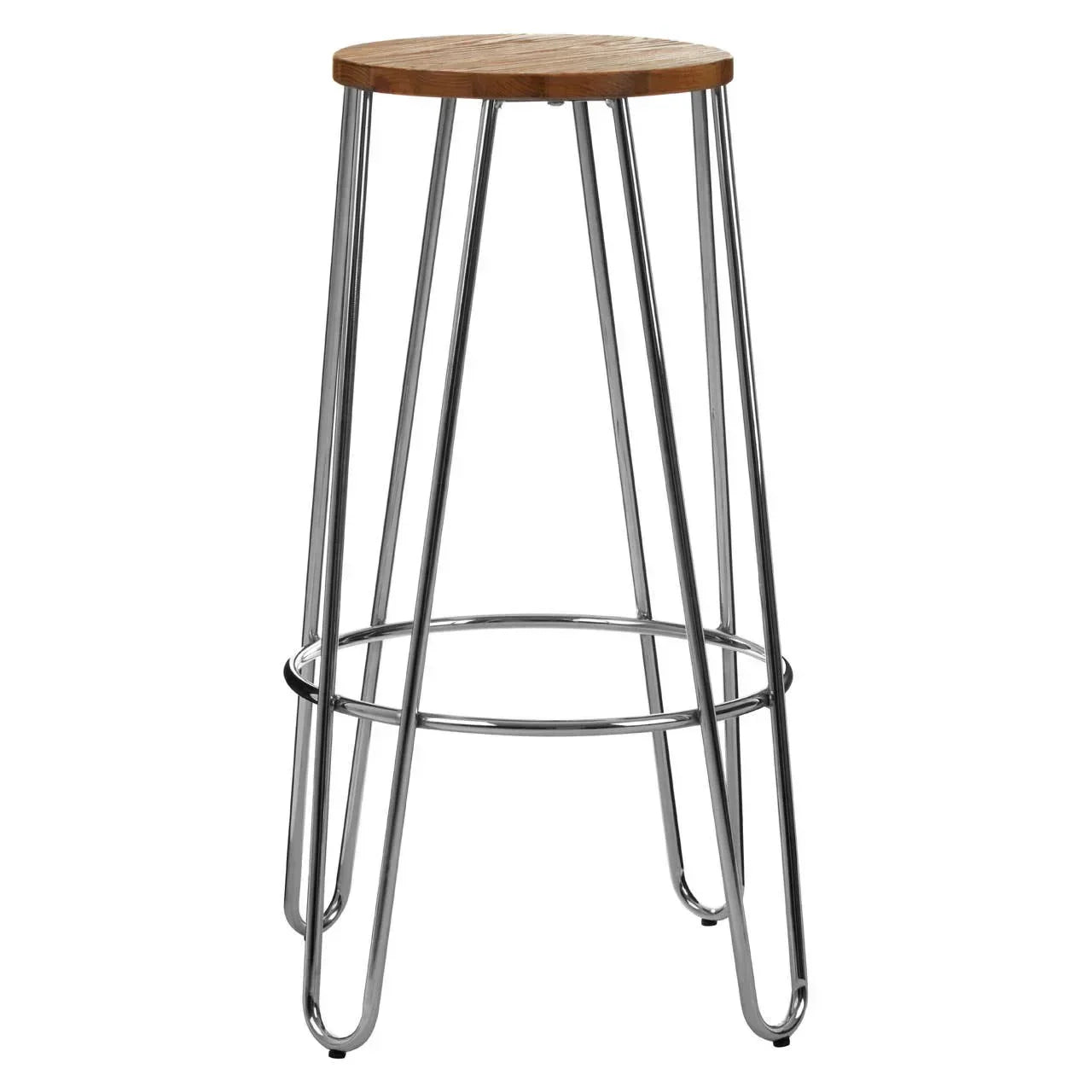 Bar stool with round wooden seat and chrome metal legs, minimalist design
