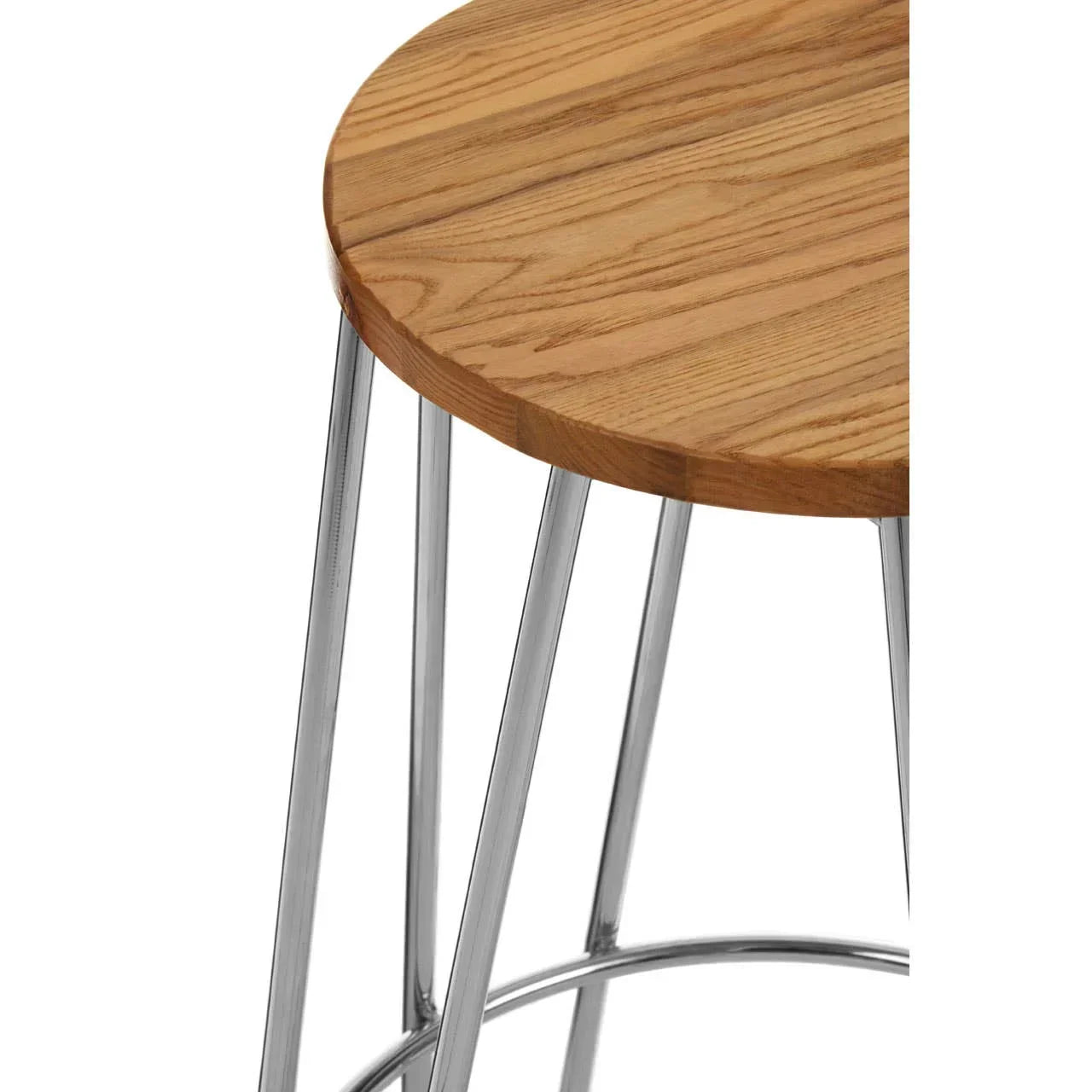 Round wooden stool seat with chrome metal legs in close-up view