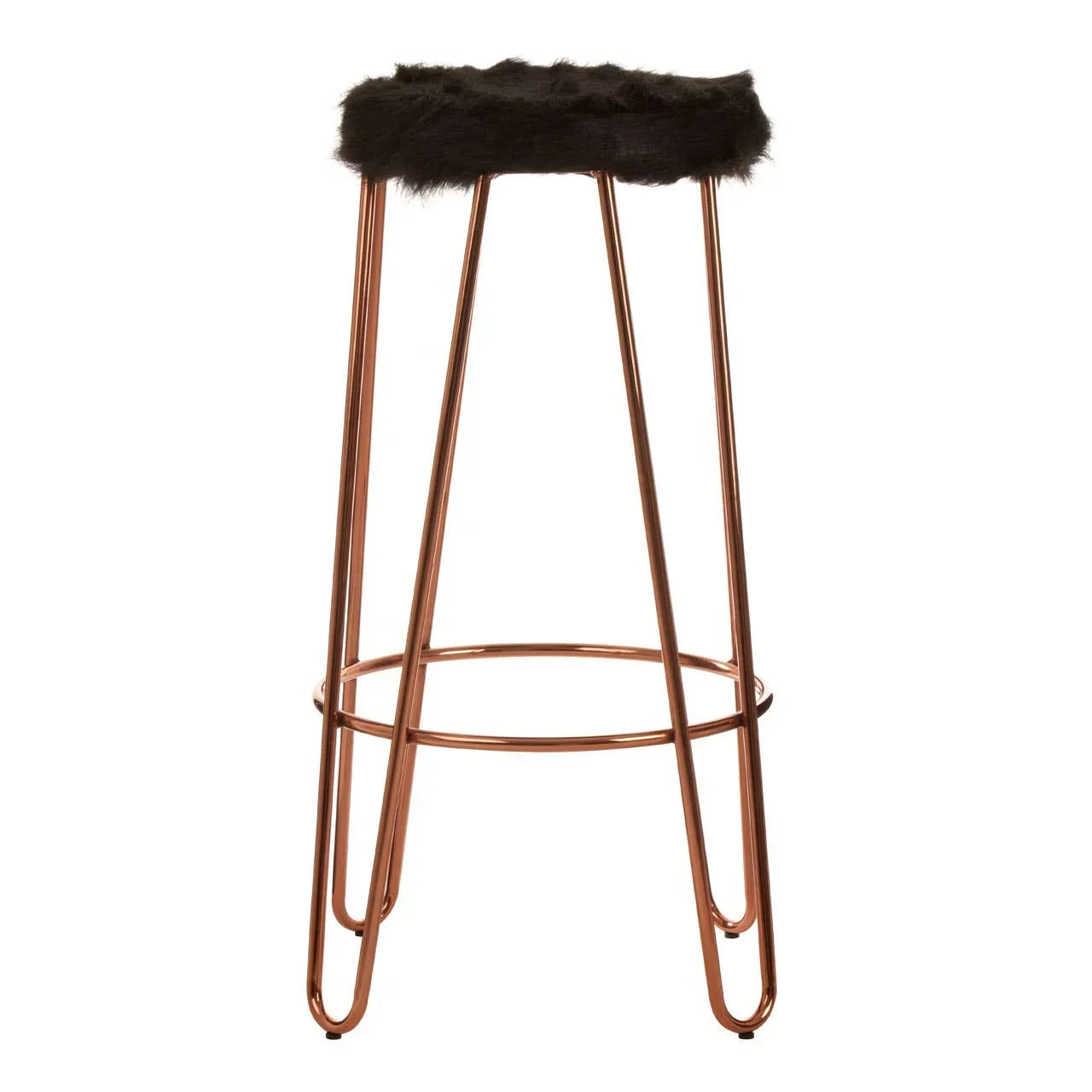 Copper bar stool with black faux fur seat and metal frame on white background