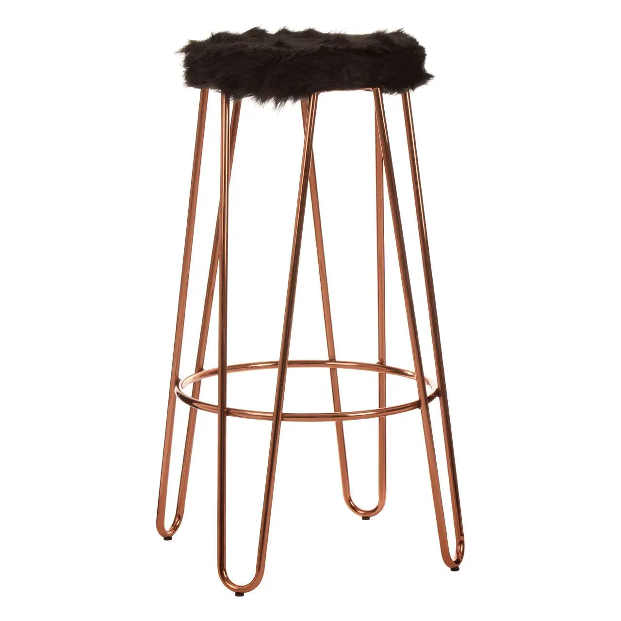 Copper bar stool with black faux fur seat and metal frame on white background