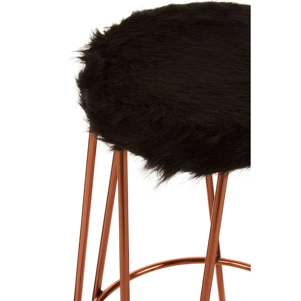 Black faux fur stool seat with copper metal legs, close-up side view